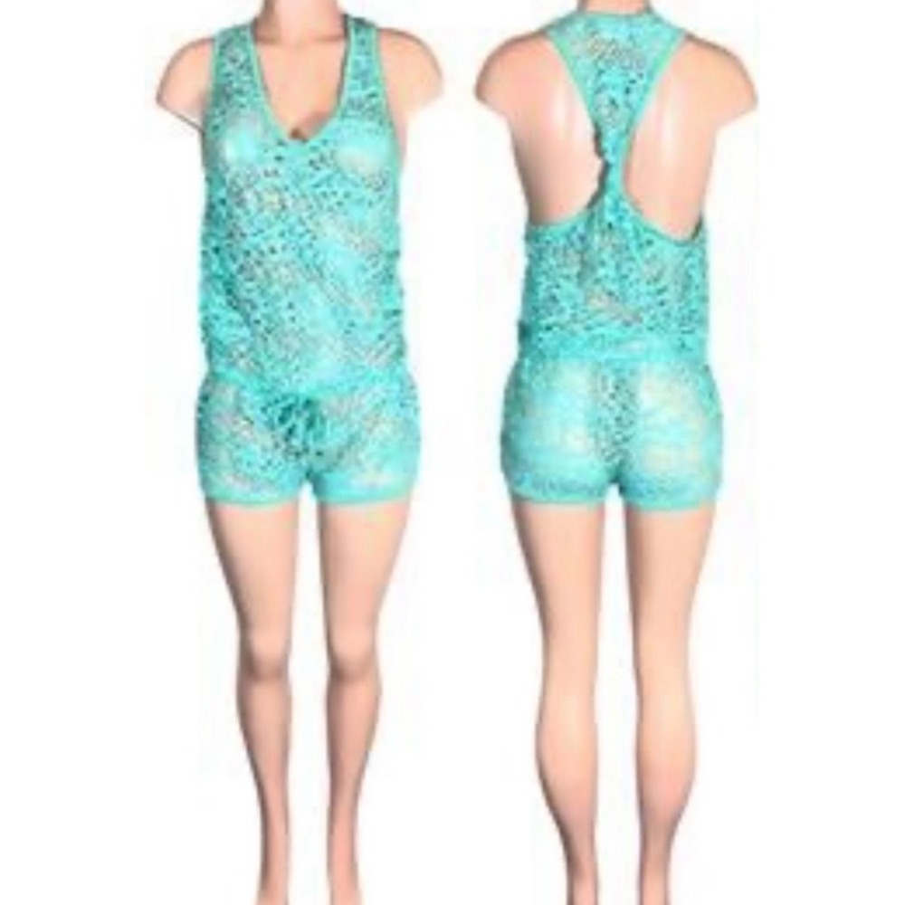 Beach Bunny Swimwear Teal Crochet Romper Cover Up Lurex Sparkle Racerback Small